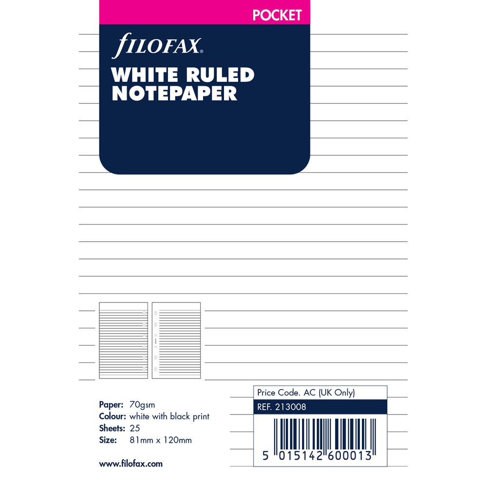 Filofax Organiser Refill Pocket Notepaper Ruled White
