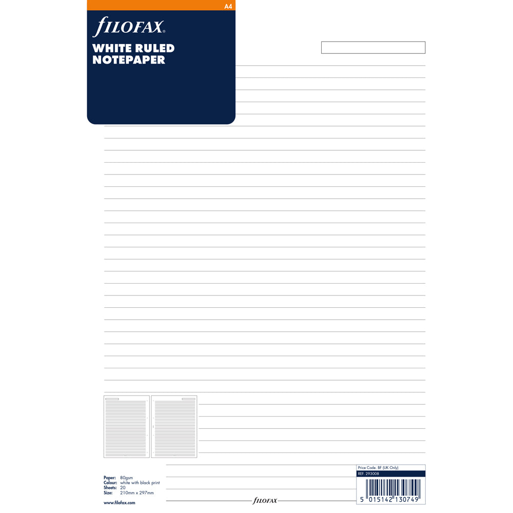 Filofax Organiser Refill A4 Notepaper Ruled White