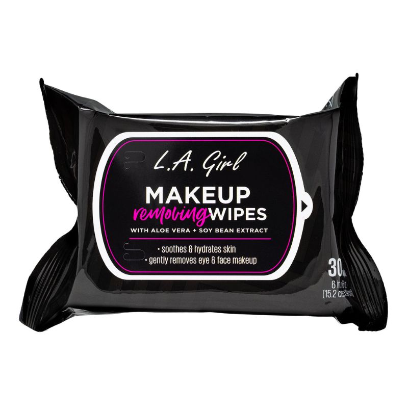 Hydrating makeup removing wipes infused with aloe vera and soybean extract for gentle, effective cleansing on the go.