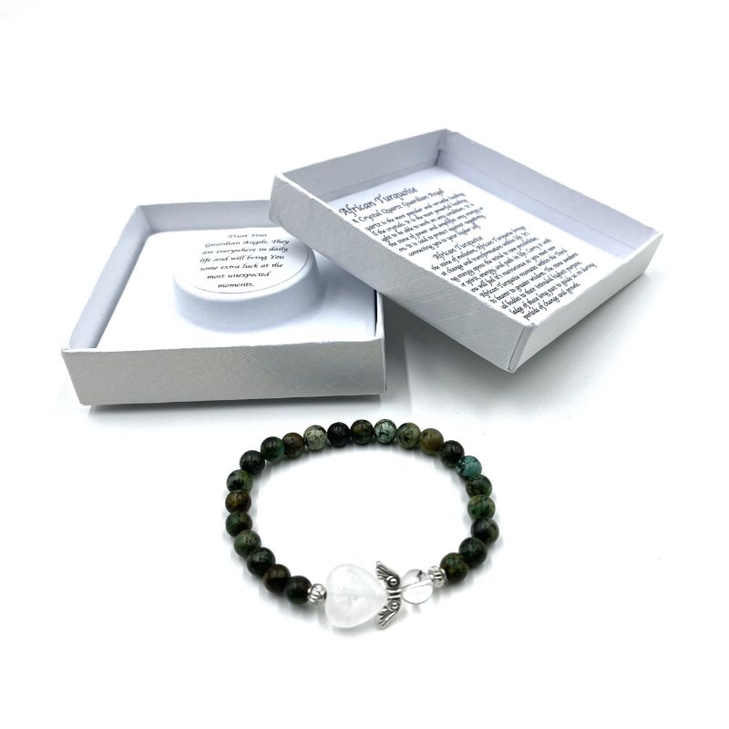 African Turquoise Heart Guardian Angel Bracelet featuring 6mm beads, symbolizing serenity, balance, and protection.