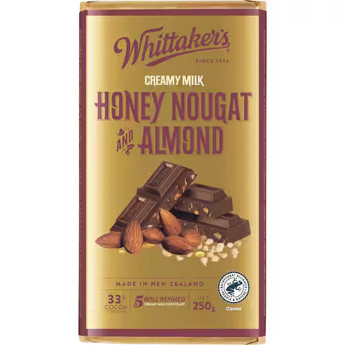 Whittaker’s Chocolate Block Honey Nougat Almond 250g - Carton of 12