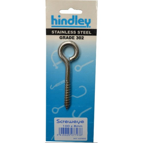 Stainless Screweye 100x8mm Carded Hindley