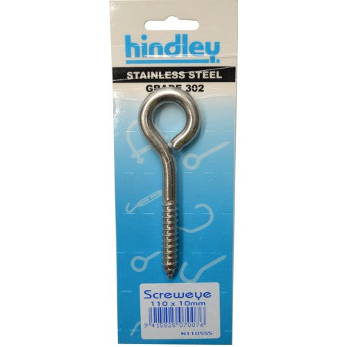 Stainless steel 110x10mm screw eye for secure fastening, rust-resistant, ideal for various indoor and outdoor projects.