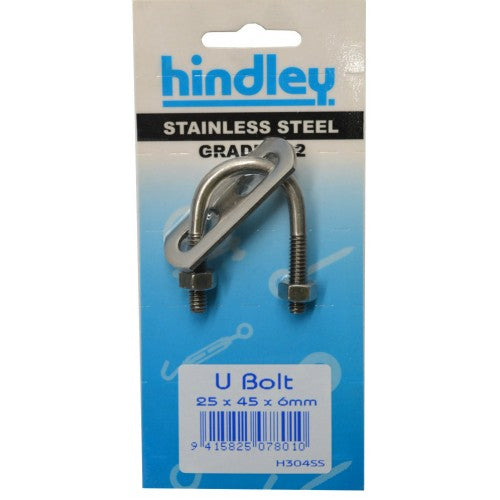 Stainless U bolt 25x45x6mm by Hindley, featuring durable corrosion-resistant steel for secure anchoring in various applications.