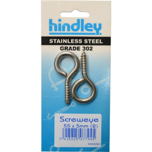 Stainless Screweye 55x5mm (2) Carded Hindley