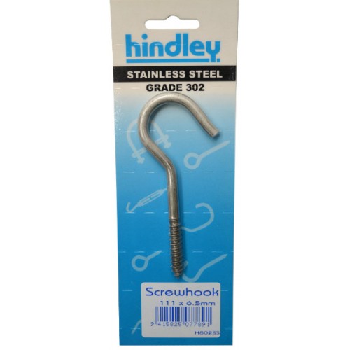 Stainless steel screwhook by Hindley, 111x6.5mm, ideal for hanging plants, tools, and decor securely indoors or outdoors.