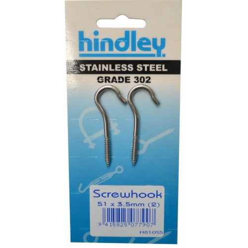 Stainless Screwhook 51x3.5mm (2) Carded Hindley