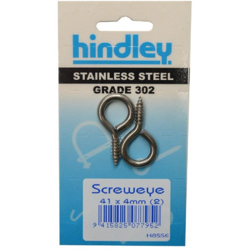 Stainless steel screw eyes (41x4mm) for durable fastening in DIY projects, carded for convenience by Hindley.