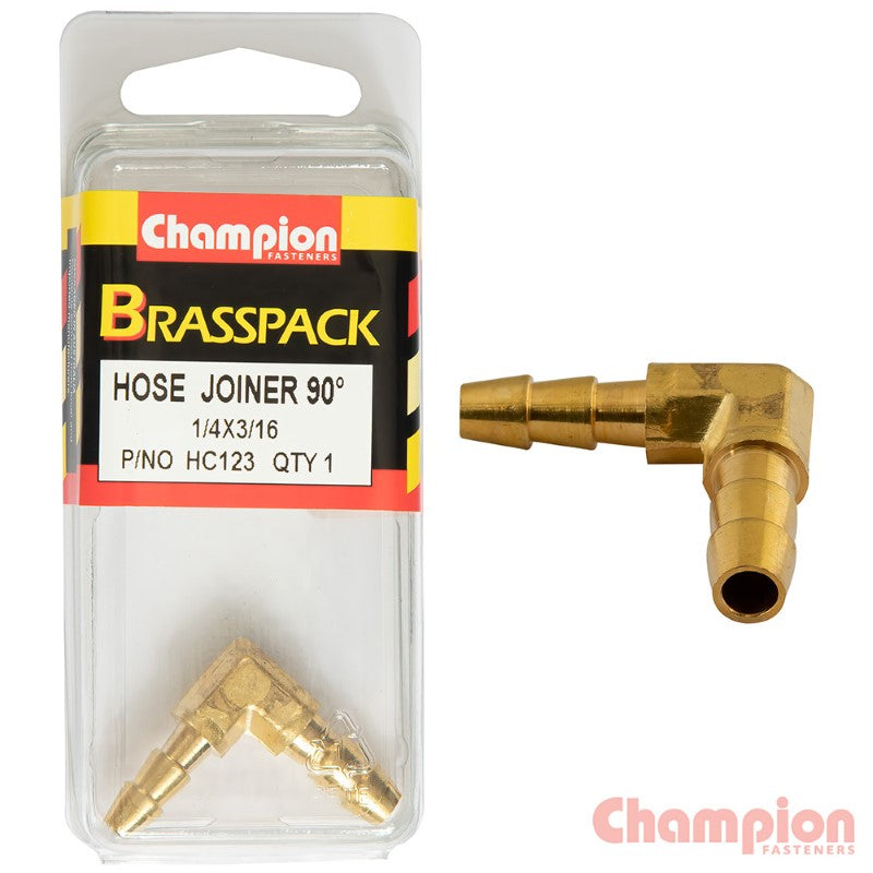 Brass 90° barb elbow hose joiner for connecting 1/4" to 3/16" hoses, ideal for plumbing and irrigation projects.