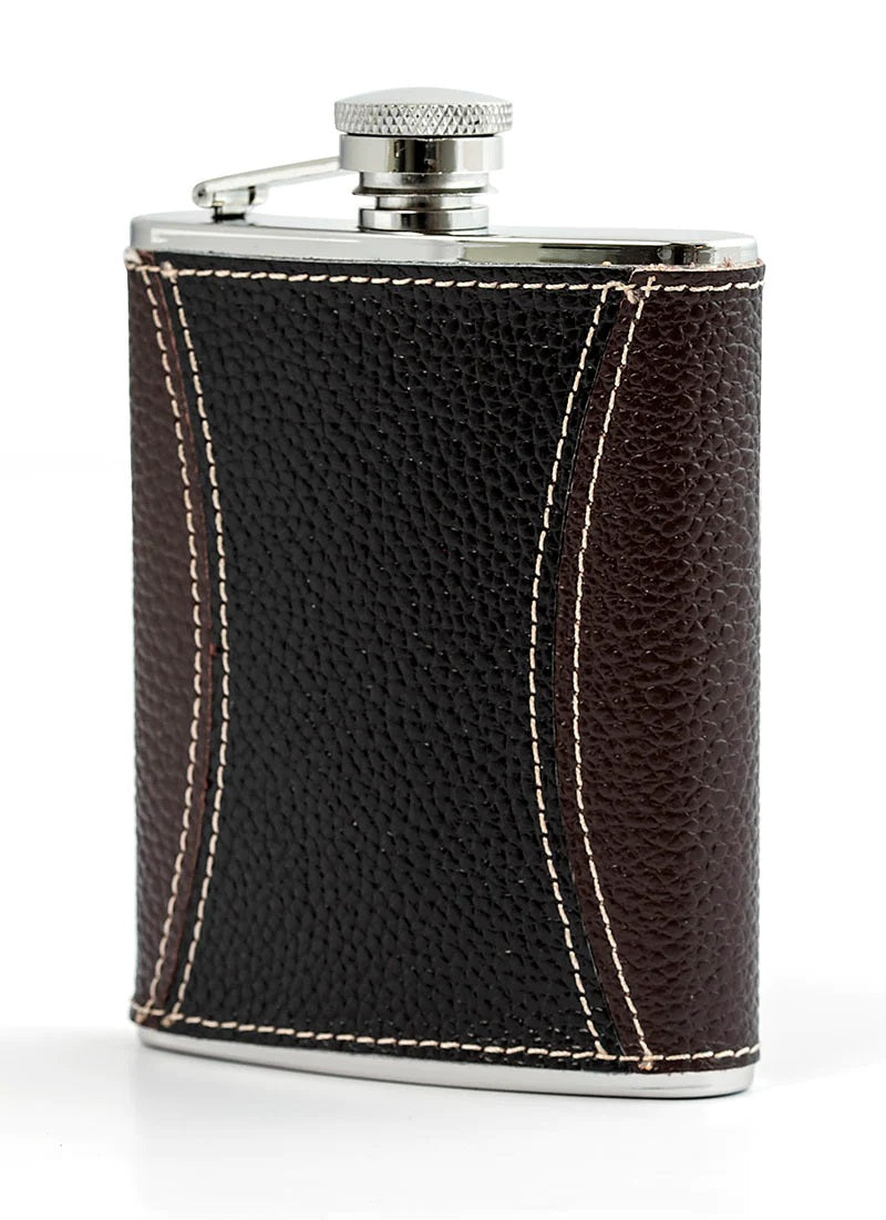 Stylish black leather-wrapped hip flask set with a 6oz capacity and stainless steel funnel, perfect for outdoor adventures.