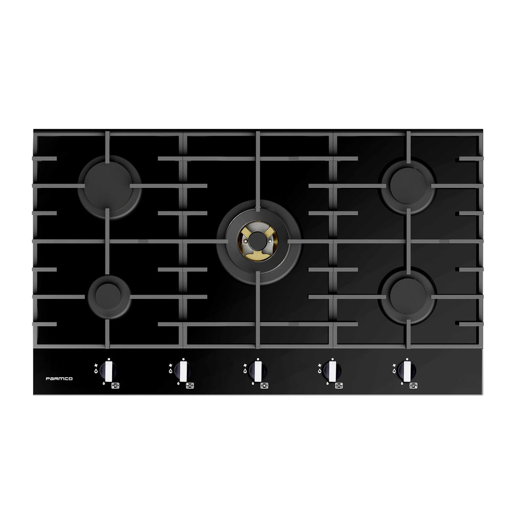 Parmco - 4 Burner + Wok Gas Cooktop - 900mm Black Glass
