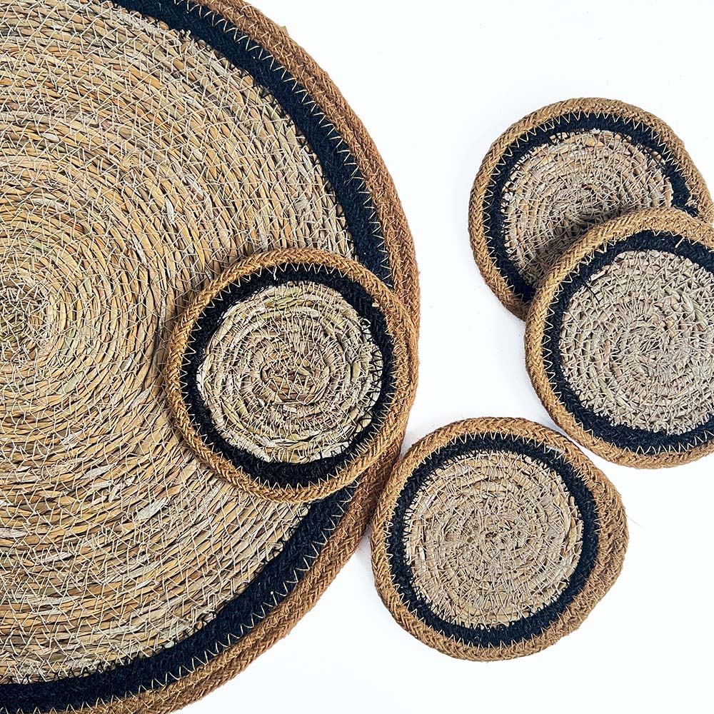 Seagrass / Jute Round Coaster Set 4 Cumin-Black Border/Natural