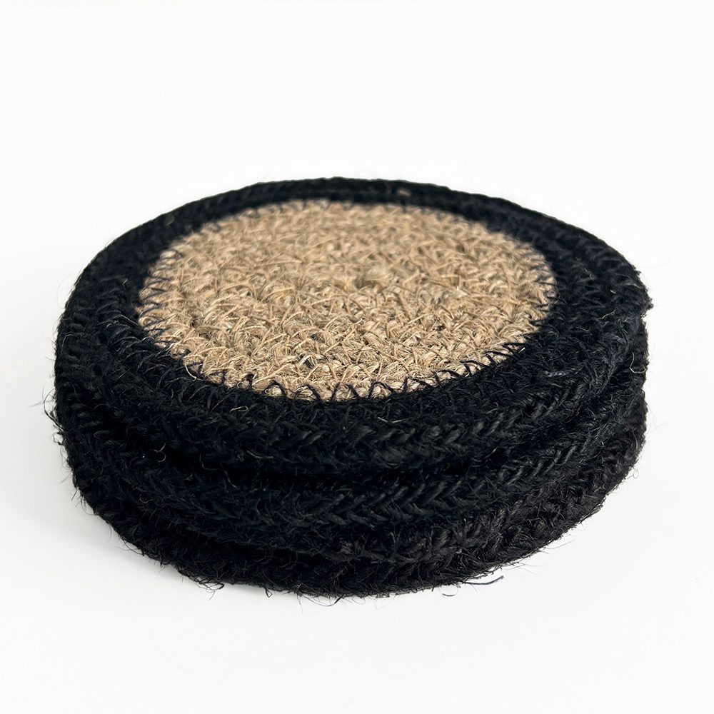 Seagrass / Jute Round Coaster Set 4 Black Border/Natural