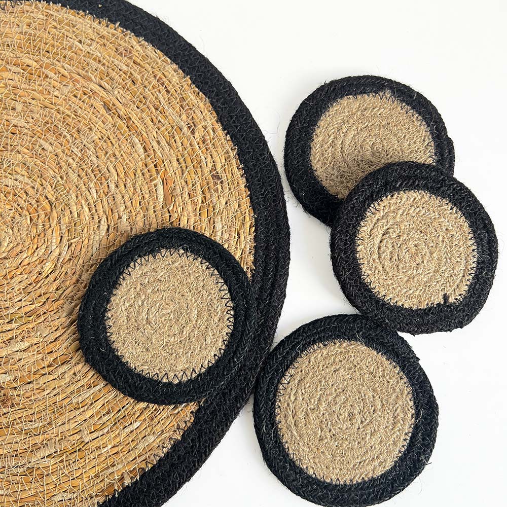 Seagrass / Jute Round Coaster Set 4 Black Border/Natural