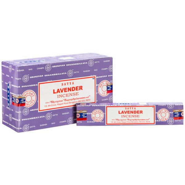 12-pack of Satya Lavender Incense sticks, offering a soothing aroma perfect for meditation and creating a calming ambiance.