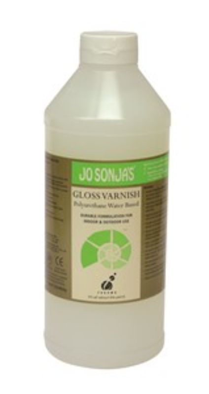 Jo Sonya JS Gloss Varnish 1LTR in clear finish, perfect for durable indoor and outdoor protection for art and crafts.