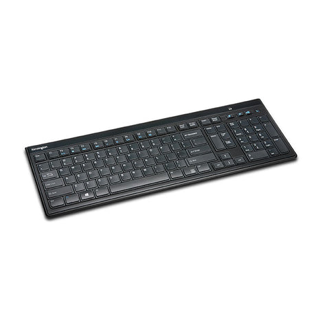Sleek full-size wireless keyboard with quiet scissor-style keys, integrated tilt stands, and stable 10m connection.