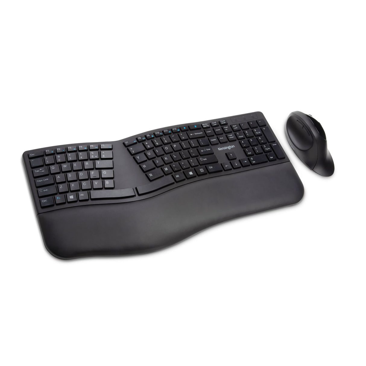Ergonomic black desktop set with split keyboard, wrist support, dual wireless connectivity, and quiet mouse functionality.