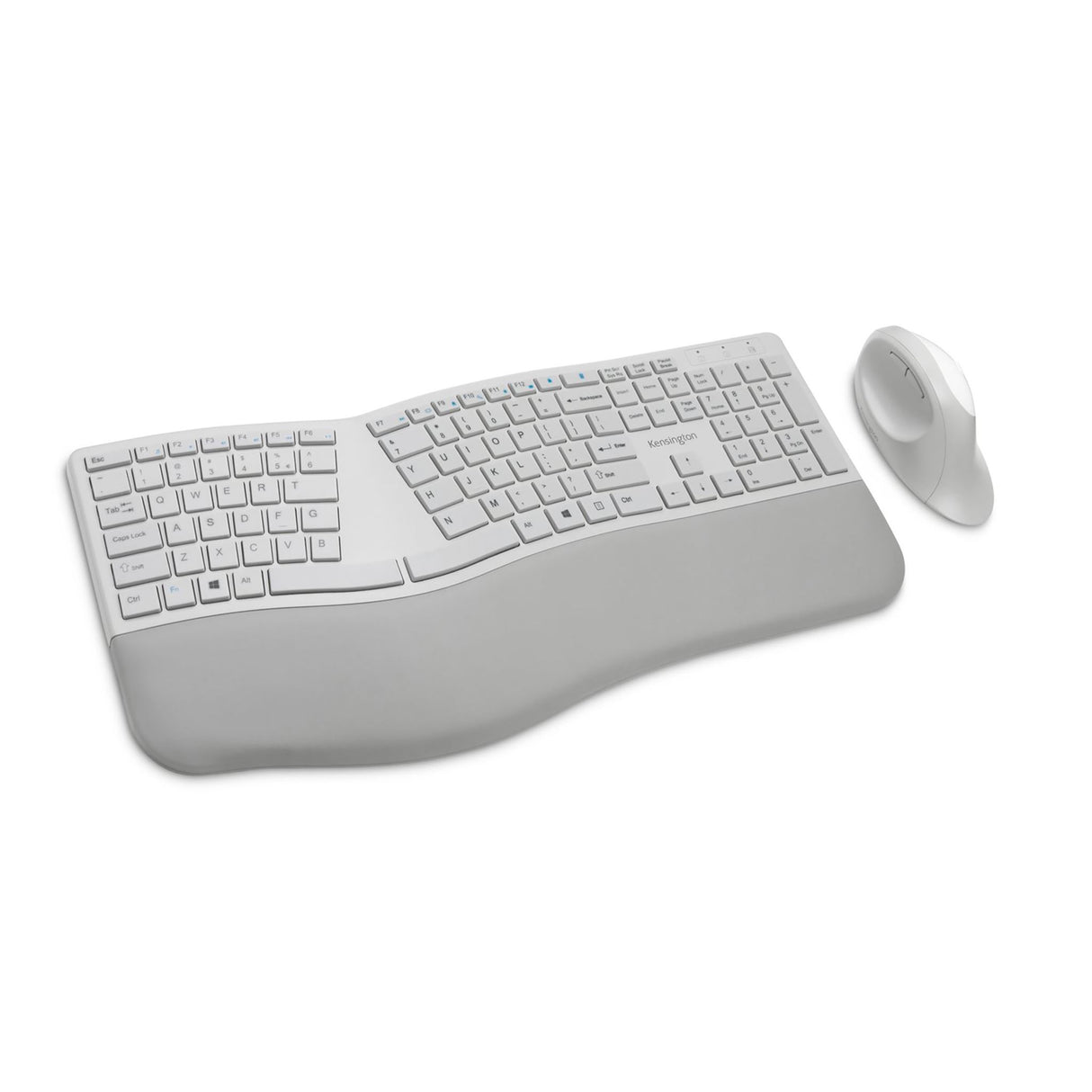 Ergonomic grey desktop set with a split keyboard, wrist support, quiet mouse, and dual wireless connectivity options.