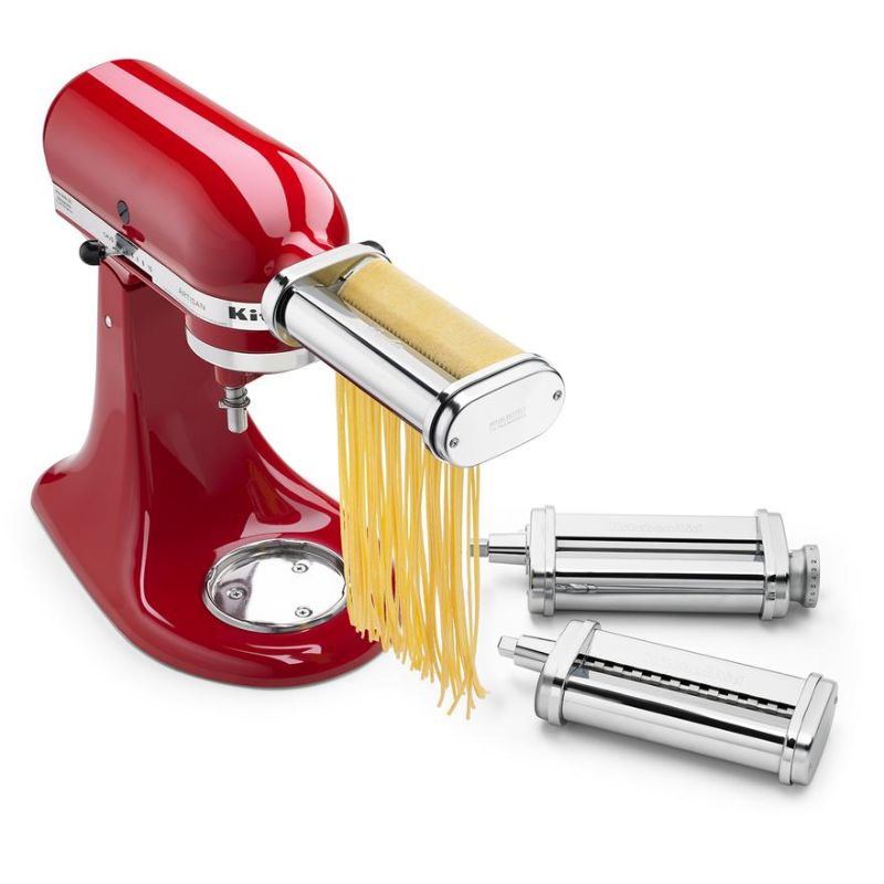 KitchenAid 3 Piece Pasta Roller and Cutter Set, featuring roller, spaghetti cutter, and fettuccine cutter for homemade pasta.