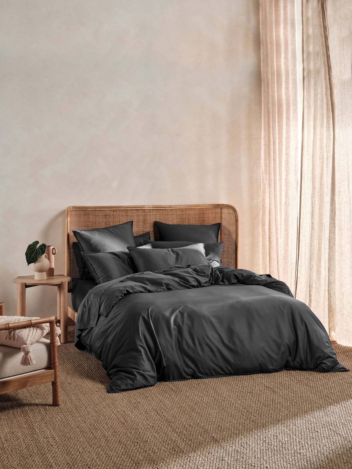 Duvet Cover Set Bamboo Cotton Sateen Linen House Nara Super King (AU) Charcoal