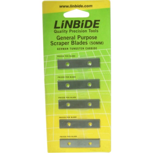 High-quality Linbide spare scraper blades, 50mm tungsten carbide, card of 5 for efficient scraping and tool replacement.