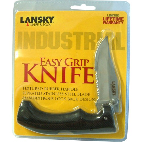 Lansky 4" pocket knife featuring an Easy Grip handle, stainless steel blade, and ambidextrous dual thumb posts for easy use.