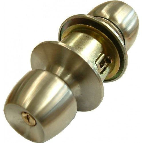 Stainless steel Entrance Tubular Lockset with a satin chrome finish, featuring adjustable latch and key-operated security.