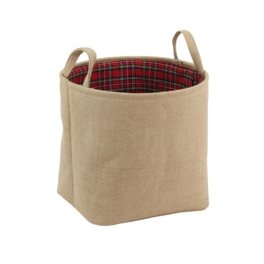 Large Round Jute Bag with Handles and Red Tartan Lining