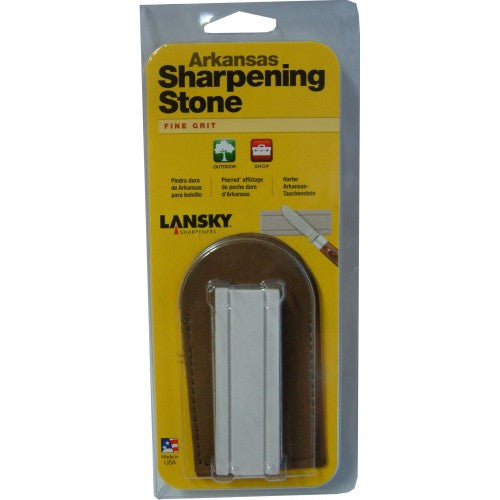 Lansky Arkansas Pocket Stone in leather pouch for precise sharpening of knives and hooks, made from high-quality Arkansas novaculite.