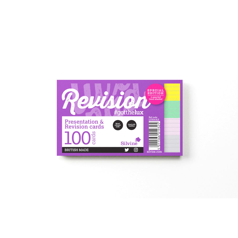 Luxpad 5x3 ruled revision cards in assorted fashion colours, perfect for organized note-taking and studying.