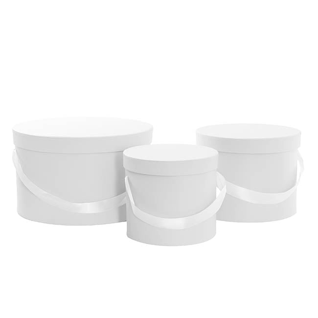 Matte White Flower Hat Box Set of 3 with White Grosgrain Ribbon Handle