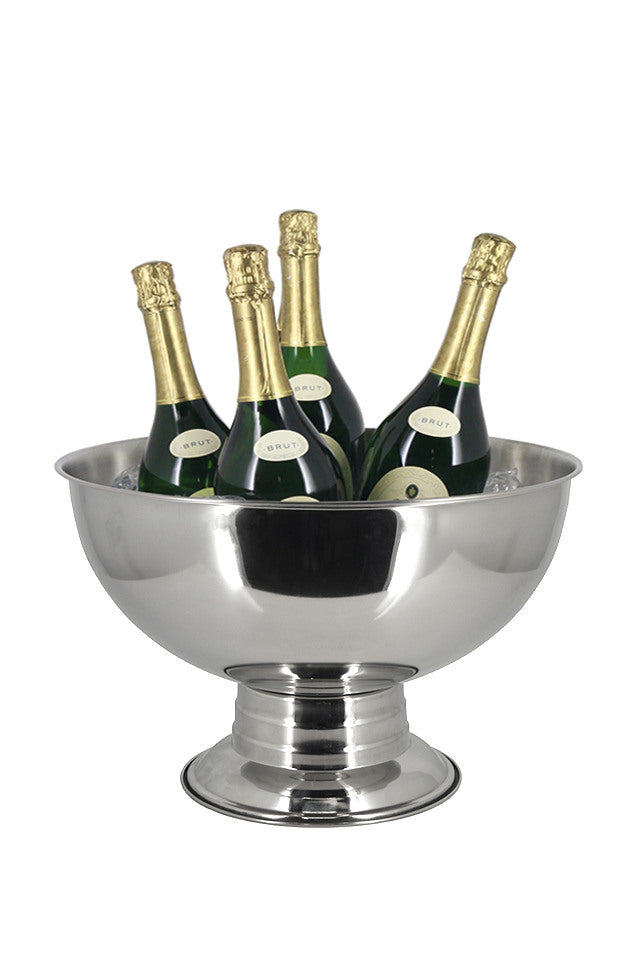 Stunning silver stainless steel champagne bowl with a reflective finish, perfect for chilling drinks at gatherings.