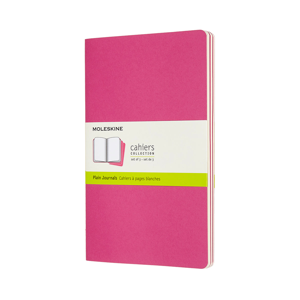 Moleskine Cahier Journal pack of 3 in Kinetic Pink, featuring customizable covers, detachable pages, and elegant stitching.