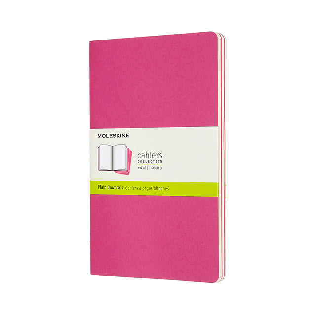 Moleskine Cahier Journal pack of 3 in Kinetic Pink, featuring customizable covers, detachable pages, and elegant stitching.