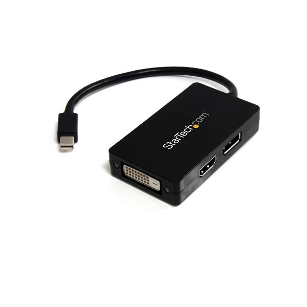 Travel A/V adapter: 3-in-1 Mini DisplayPort to DisplayPort DVI or HDMI converter
