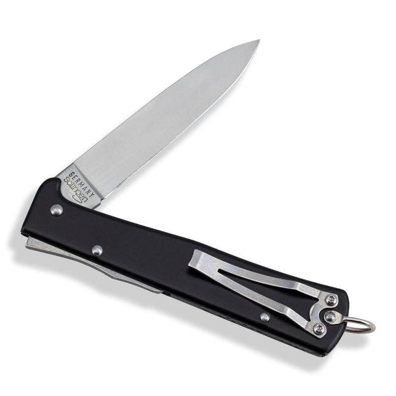 German Mercator pocket knife with 90mm locking carbon steel blade and sleek black iron handle, perfect for outdoor use.