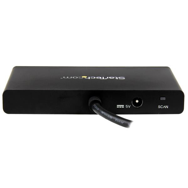 DisplayPort to DisplayPort MST Hub enabling connection of four monitors with Ultra HD 4K support, ideal for multitasking.