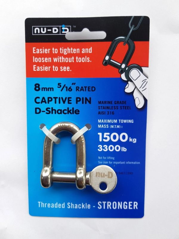 Stainless steel D shackle with captive pin, 1500kg load limit, easy tool-free tightening for marine and outdoor use.