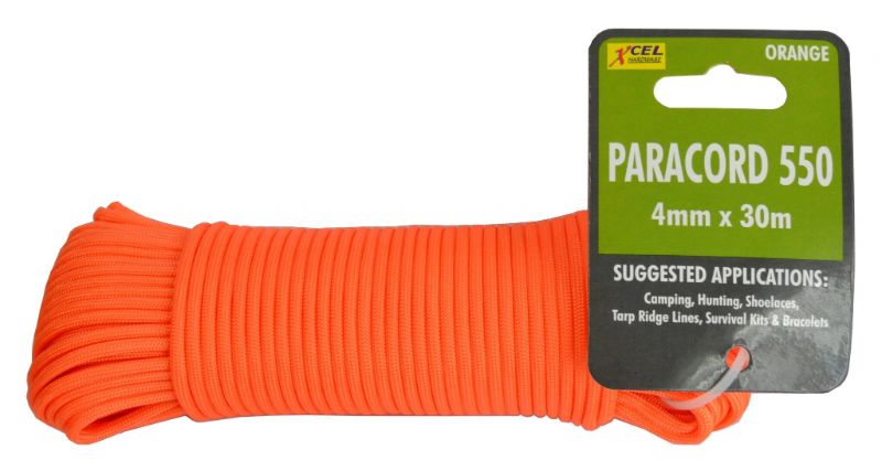 Bright orange 4mm x 30m paracord, durable, water-resistant, ideal for outdoor projects and survival gear.