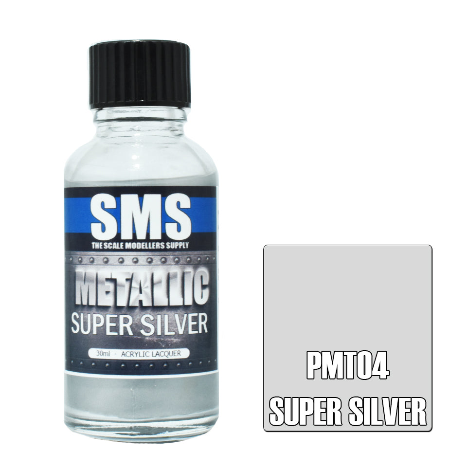 AIRBRUSH PAINT 30ML METALLIC SUPER SILVER ACRYLIC LACQUER SCALE MODELLERS SUPPLY