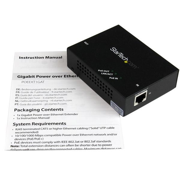 1-Port Gigabit PoE+ Extender - 802.3at and 802.3af - 100 m (330 ft)