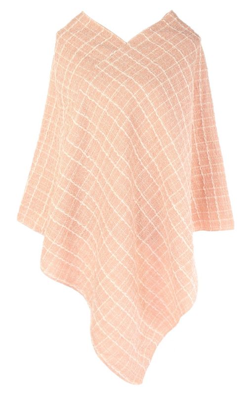Textured pink poncho with check pattern, designed for style and comfort, perfect for layering and casual outings.