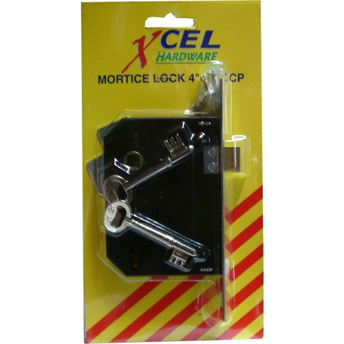 Lock Mortice 4"x3" C.P. lock for traditional doors, featuring a reversible latch, strike plate, and two keys for enhanced security.