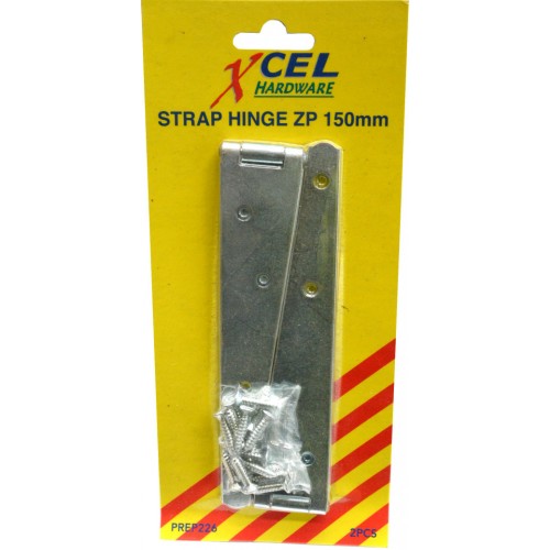 Zinc-plated 150mm strap hinges for barn doors and gates, with staggered screw holes for durability and easy installation.