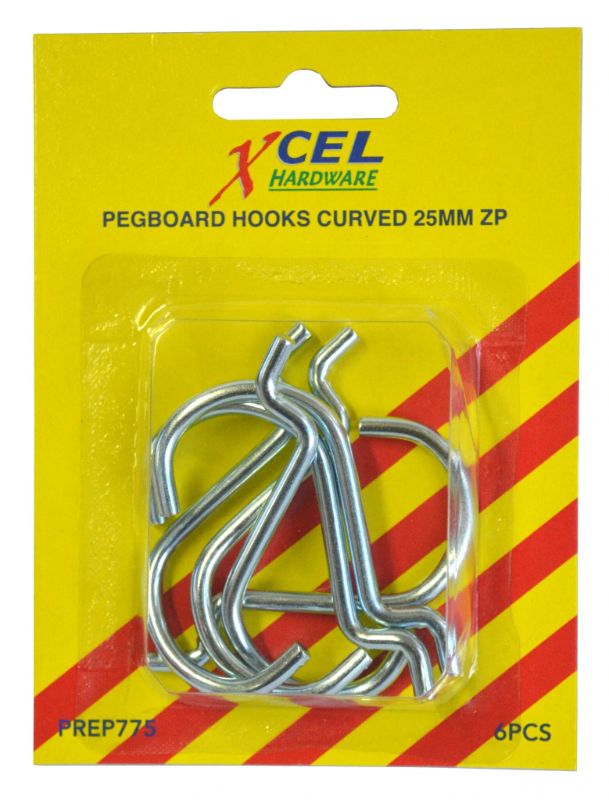Curved pegboard hooks (25mm, set of 6) for efficient storage; secure tools and materials without slipping.