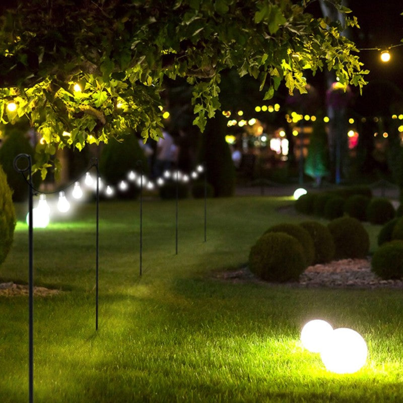 Height-adjustable steel festoon light holders, perfect for outdoor events, set of 2 for festive lighting arrangements.
