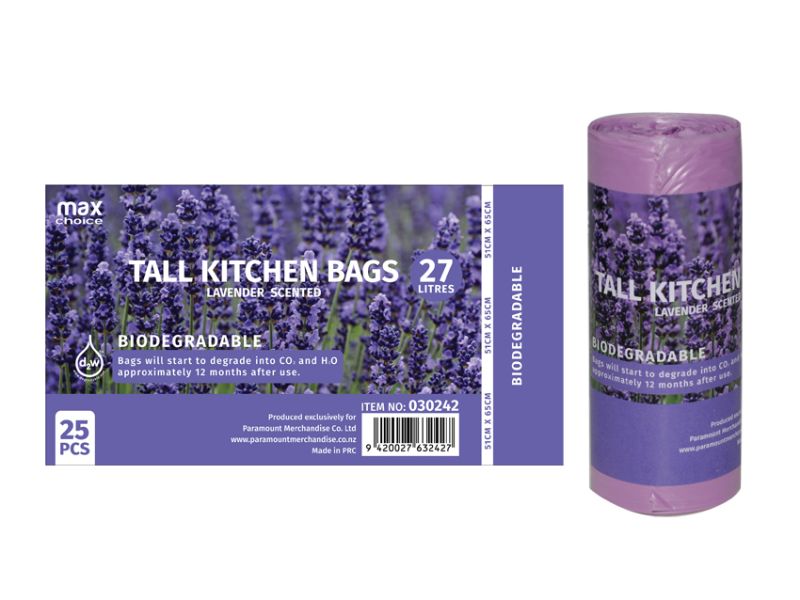 Scented biodegradable kitchen tidy bags, 27L capacity, eco-friendly, strong, and perfect for waste disposal; 24 packs total.