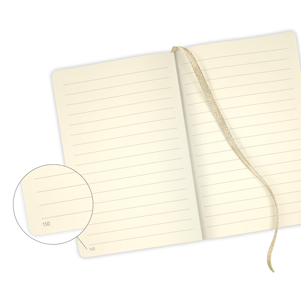 Elegant Castelli Oro notebook with textured cover, ruled ivory pages, gold ribbon marker, and a convenient document pocket.