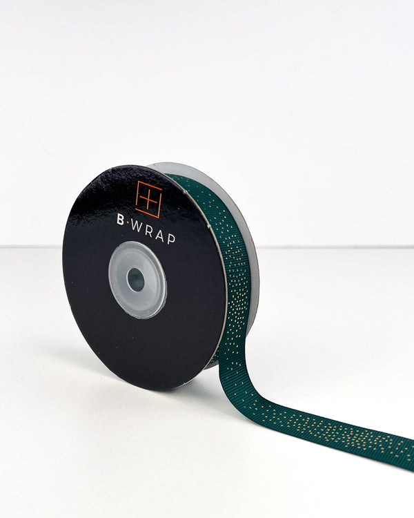 Ribbon - Grosgrain Gold Dots Hunter Green (20mm x 20mtrs)